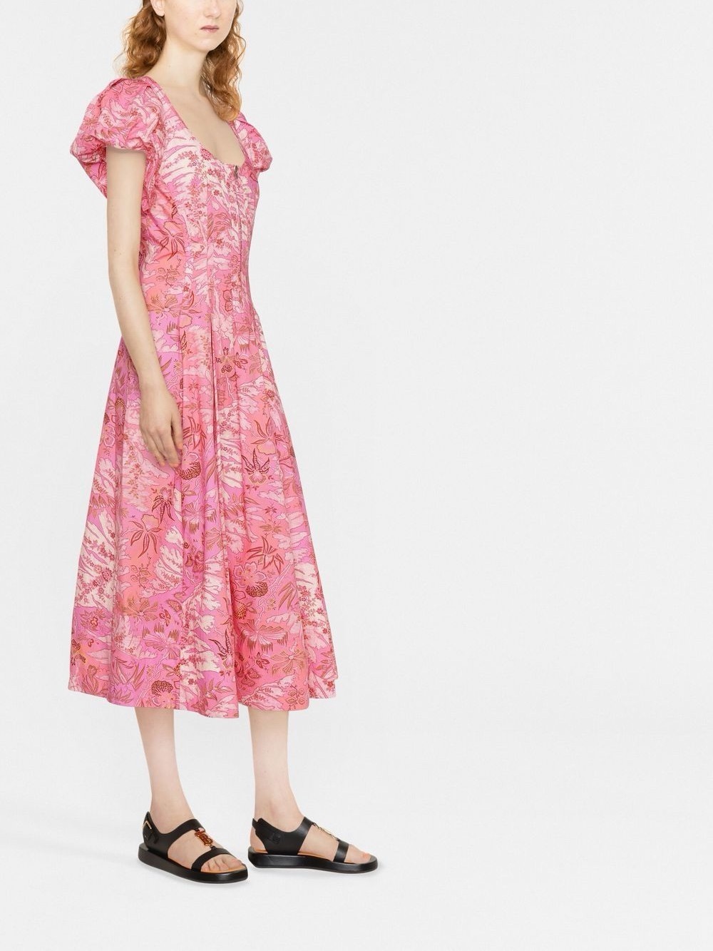 Ulla Johnson Pink Floral Midi Dress with Puff Sleeves | Size 8
